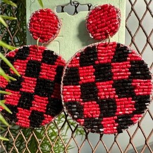 Red/Black Checkerboard Medallion Seed Bead Earrings